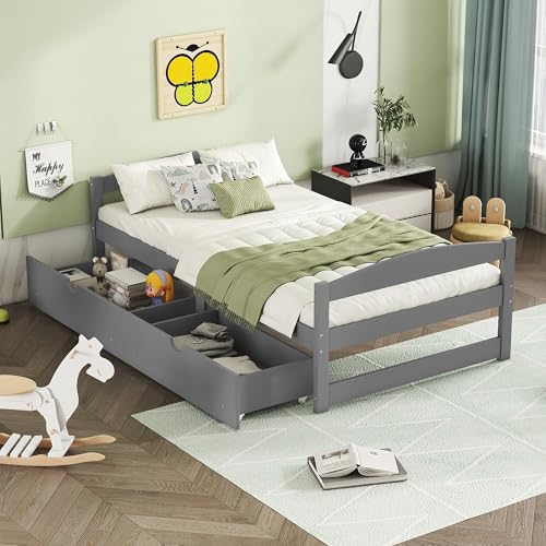 Bellemave Twin Size Kids Bed with Storage Drawers, Wood Twin Daybed with Storage, BedFrames for Kids, Adults, Gray
