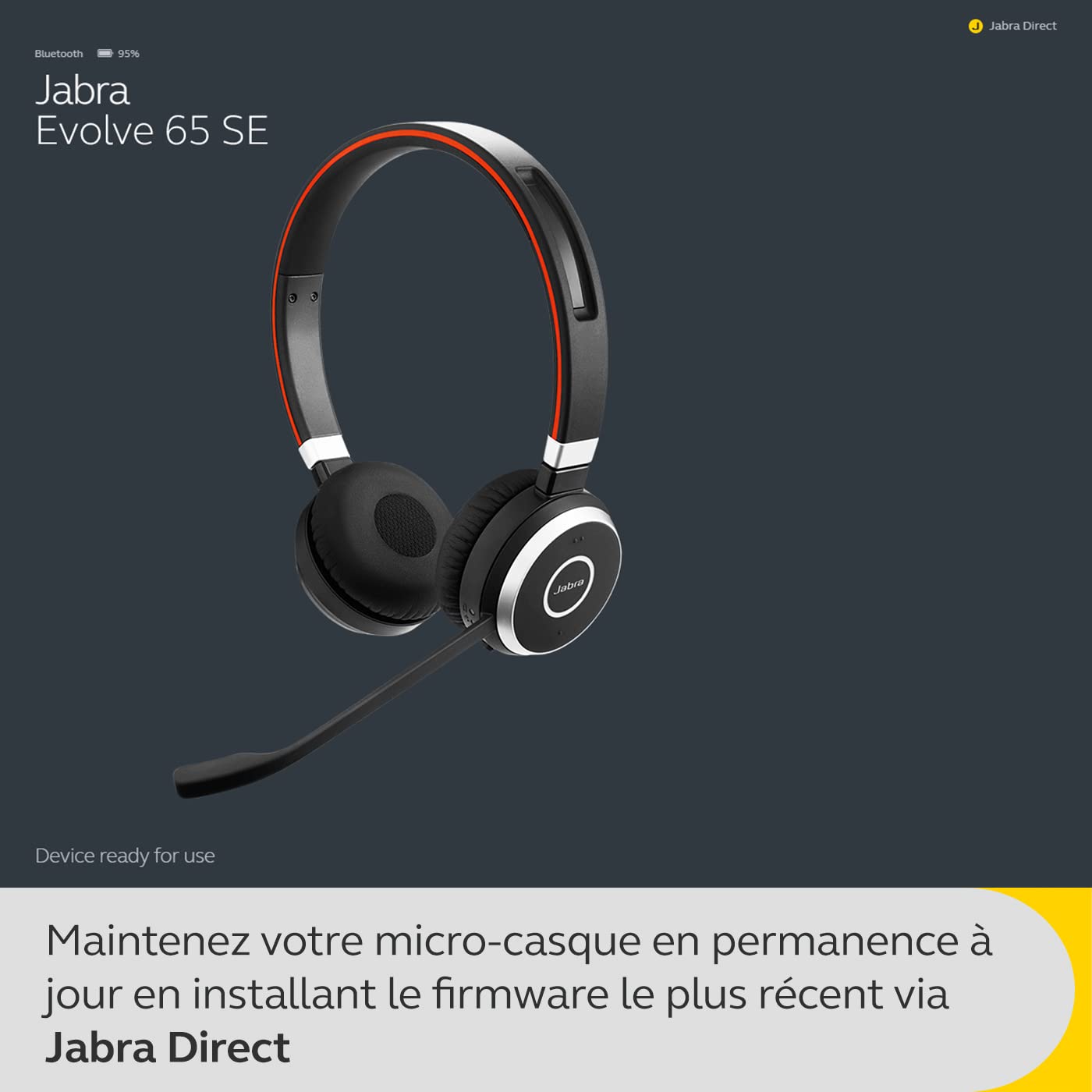 Jabra Evolve 65 SE - Micro-Casque stéréo Bluetooth sans Fil - Micro à réduction de Bruit, autonomie prolongée - Certifié UC, Fonctionne avec Les principales Plateformes (Zoom, Unify, etc.) - Noir