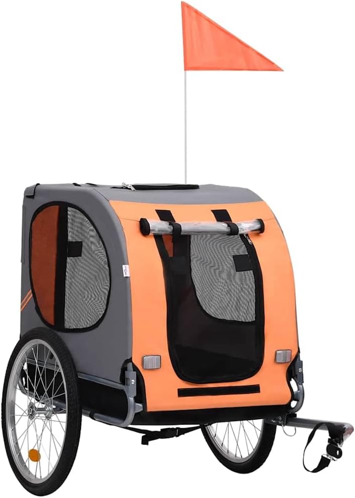Foldable Pet Bike Trailer for Small Dogs, Heavy-Duty Oxford Fabric and Steel Frame, Easy Access Pet Bicycle Carrier for Outdoor Travel, Orange and Grey