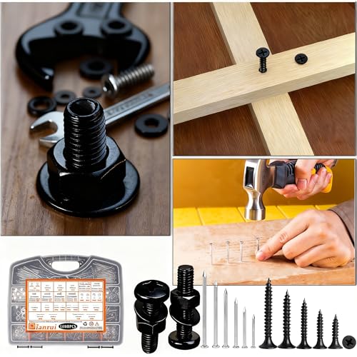 Image of Dianrui 1680 PCS Blcak Nails and Screws Assortment Kit & Screw Bolts and Nuts, M3 /M4 /M5 /M6 Machine Screws, Small Nails for Picture Hanging, #6#8 Drywall Screw Set for DIY Project Length 1 /2 inch to 2 inch