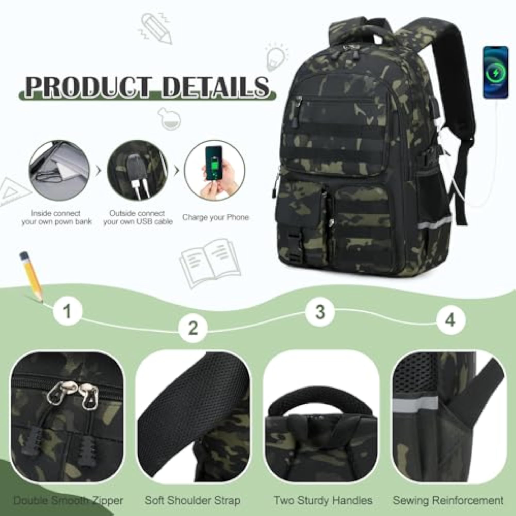 Backpack with Lunch Box & Pencil Case, Black Camo