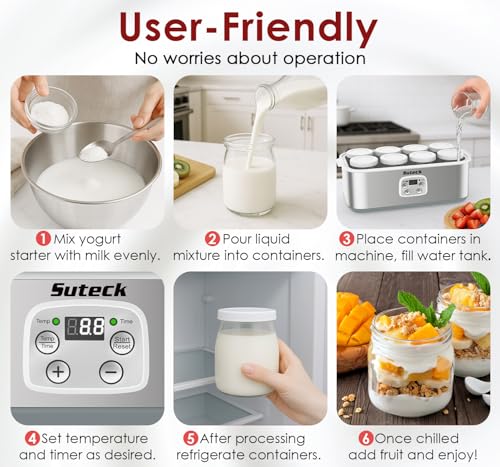 Image of Suteck Yogurt Maker with 8 Glass Jars - Time & Temp Adjustable, Homemade Greek & Probiotic Yogurt, Automatic Shut-Off, BPA-Free, Total 48 oz, White
