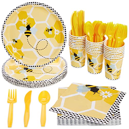 BLUE PANDA 144 Piece Bumble Bee Party Supplies Serves 24 Party Plates Napkins Cups and Cutlery for What Will It Bee Gender