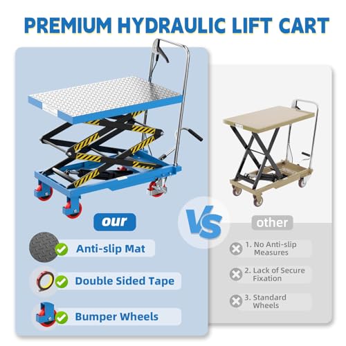 Hydraulic Lift Table Cart, Double Scissor Lift, 330 Lbs Capacity, 50" Height with Non-Slip Pad, 4 Safety Bumper PU Wheels, Ideal for Home, Garage, Supermarket, Factory, Warehouse, Construction