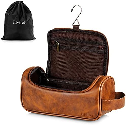 Elviros Water-Resistant PU Leather Toiletry Bag for Men Travel Wash Bag Shaving Dopp Kit Bathroom Gym Toiletries Makeup Organizer with Free Wet Dry Bag (Black-Medium)
