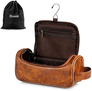 Elviros Water-Resistant PU Leather Toiletry Bag for Men Travel Wash Bag Shaving Dopp Kit Bathroom Gym Toiletries Makeup Organizer with Free Wet Dry Bag (Black-Medium)