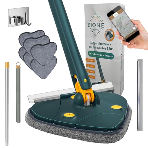 Bione Fregona Triangular Autoescurrible con 6 Mopa y Raqueta Limpiacristales - Fregona Autoescurrible Triangular - Mopa para Limpiar Azulejos y Paredes - Mopa Triangular Giratoria 360 - Mopa Fregona