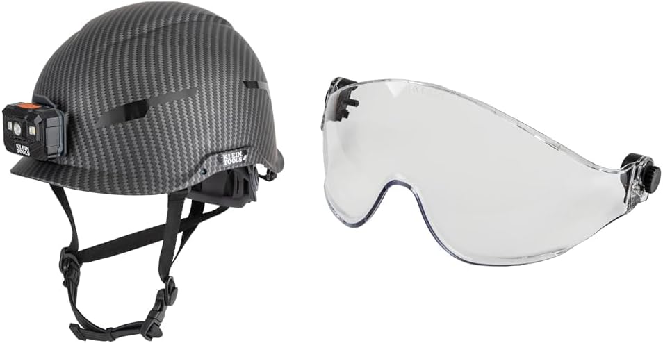 Klein Tools 60515 Safety Helmet, Non-Vented Class E with Rechargeable Lamp and Chin Strap & VISORCLR Hard Hat Visor, Clear, fits Klein Tools Safety Helmets