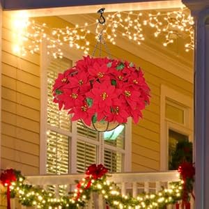 BLEUM CADE Christmas Decorations-Artificial Christmas Flowers Hanging Poinsettias with Basket for Outdoors, Artificial Hanging Red Poinsettias for Xmas Decoration, UV Resistant Faux Hanging Flowers BLEUM CADE Christmas Decorations Artificial Christmas Flowers Hanging Poinsettias with Basket for Outdoors Artificial Hanging Red Poinsettias for Xmas Decoration UV Resistant Faux Hanging Flowers