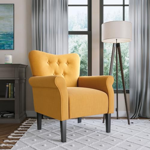 Image of BELLEZE Modern Accent Chair, High Back Armchair, Upholstered Wingback Side Chair, Padded Single Sofa with Wooden Legs for Living Room, Bedroom - Citrine Yellow