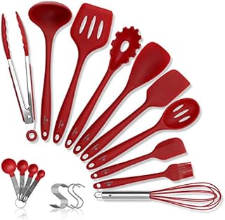 Philorn Kitchen Utensils Sets 24 Pcs Silicone Cooking Turner Including Spatulas Tongs 10 Hooks 4 Measuring Spoons Slotted Heat Resistant Nonstick Cooking Tools BPA-Free Cookware Red