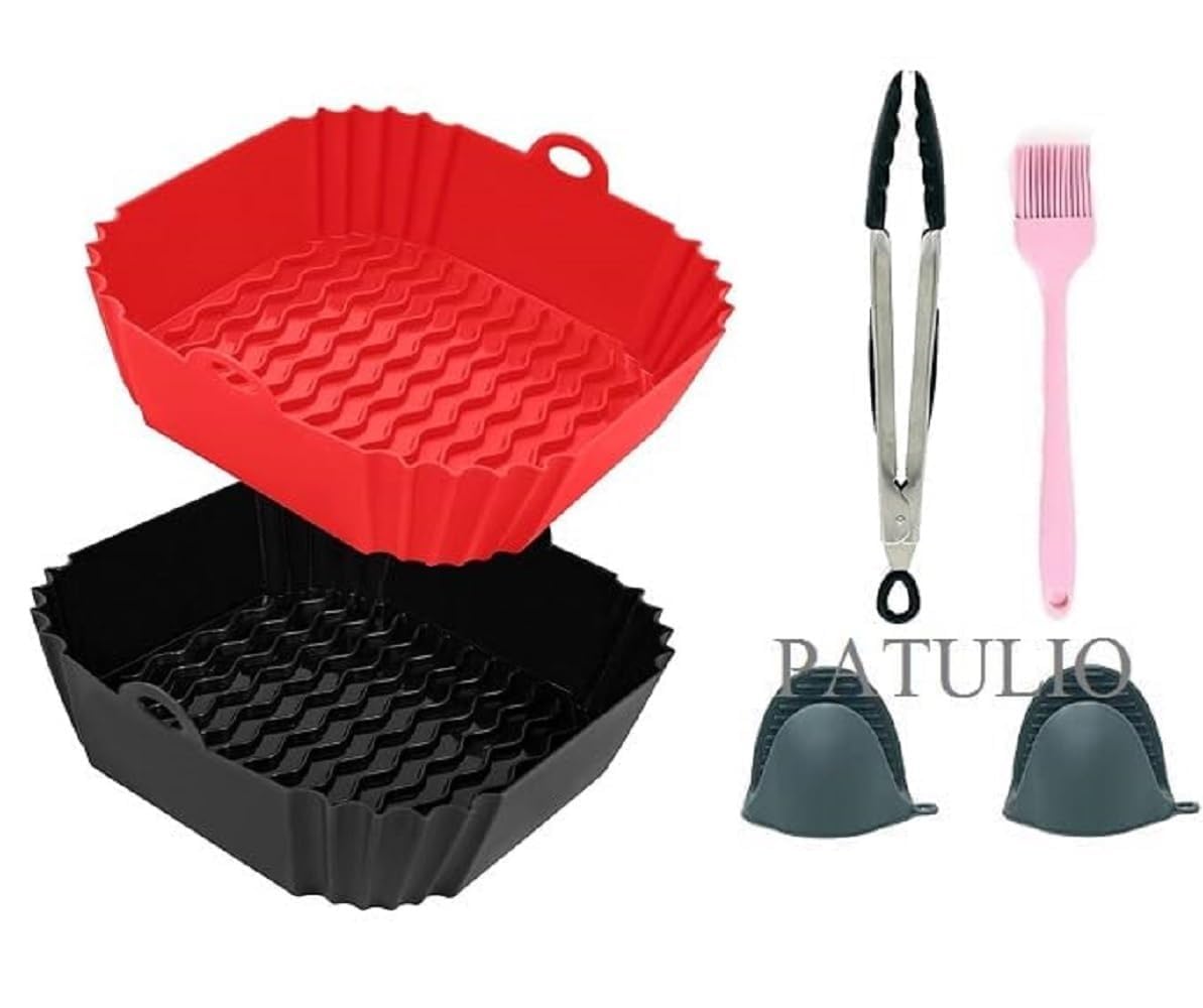 2 PCS Square Silicone Air Fryer Liners with 1 Pair of Oven Mitts, 1 Basting Brush and a 1 Tongs, Reusable Silicone Molds Air Fryer Accessories, Oil Brush, Replacement of Parchment Paper (Malti Combo)-image-10