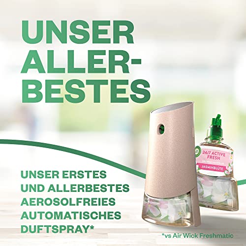 Air Wick Active Fresh – Starter Set – Aeorosolfreier, automatischer Lufterfrischer – Raumduft Jasminblüte – 2 x 228 ml Nachfüller + Gerät