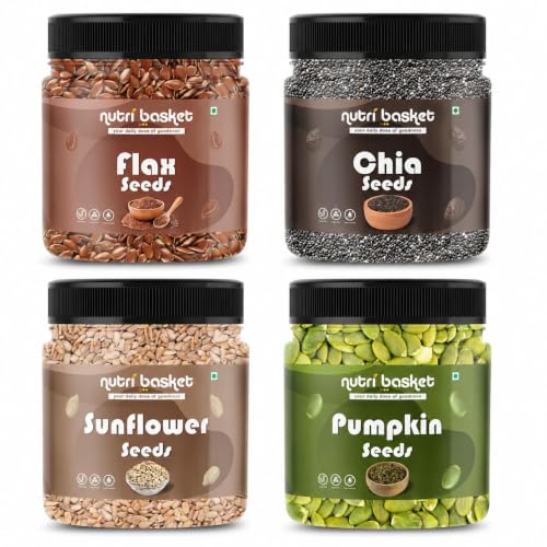Image of Nutribasket Combo Pack of Chia, Flax, Pumpkin & Sunflower Seeds | 25g Each | Daily Super Seeds Variety Pack | Natural Raw Seeds for Smoothies, Salads, Breakfast & Healthy Snacking | Pack of 4