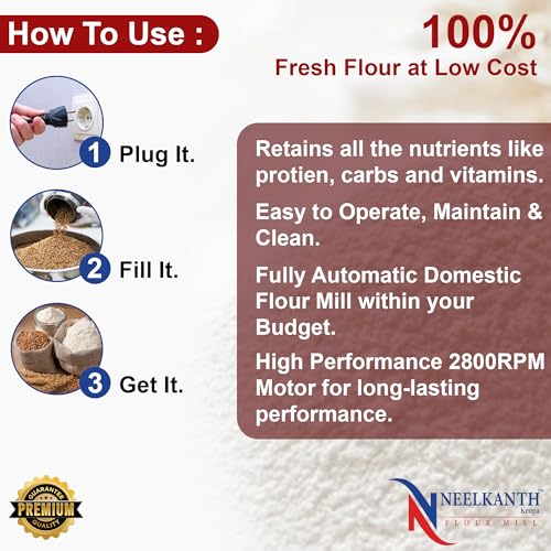 Image of Fully Automatic Domestic Atta Chakki Flour Mill with Inbuilt Vacuum | 8-10 Kg /Hr Grinding | 4.5 Kg Hopper | 2880 RPM | Grinds 50+ Grains & Spices | 7-Year Motor & Lifetime Chamber Warranty