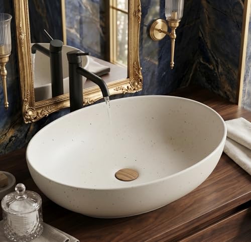 Image of BASSINO 20x16x6 Inches Ceramic Table Top Wash Basin /Designer Bathroom Sink /Luxury Countertop Vessel Basin /Oval Above Counter Basin /Wash Basin for Bathroom /Dining Hall /Vanity Sink(Matt Beige Terrazzo)