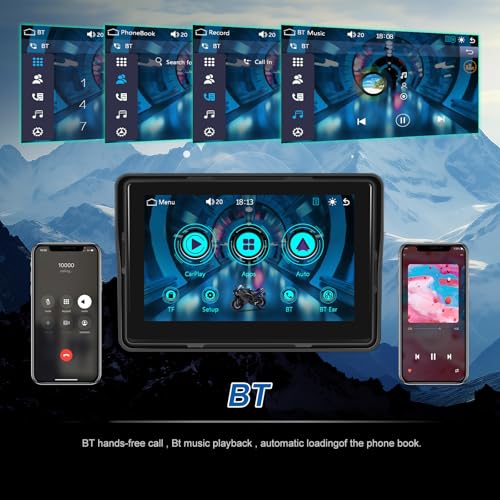 Image of CAMECHO Motorcycle CarPlay Screen, 5 inch Waterproof Portable Wireless CarPlay Android Auto for Motorbike, Touch Screen Car Stereo Support Dual Bluetooth, Mirror Link, EQ, Siri Voice Control
