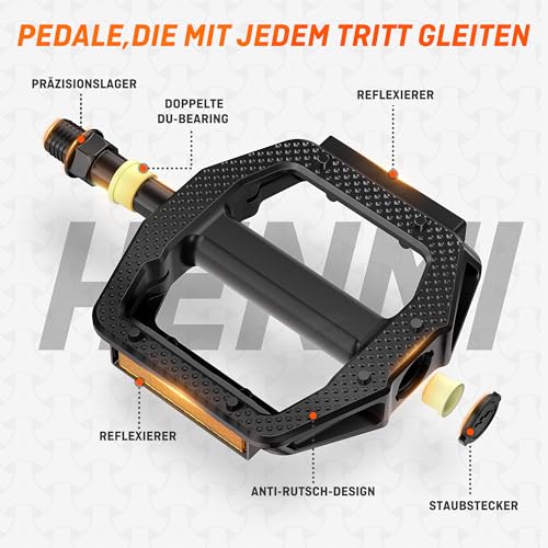 HENMI Fahrradpedale mit Reflektoren StVZO, MTB rutschfest Fahrrad Pedale 9/16 Zoll mit Abgedichtete Lager, Stabil Flat Pedale Set für Ebike Gravel Bike Trekking Rennrad Mountainbike Kinderfahrrad