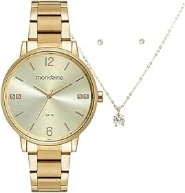 Relógio Feminino Mondaine Dourado + Colar e Brincos 32600LPMKDE1K1