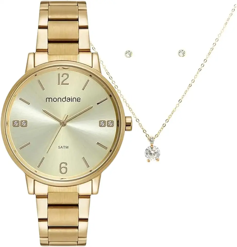 Relógio Feminino Mondaine Dourado + Colar e Brincos 32600LPMKDE1K1