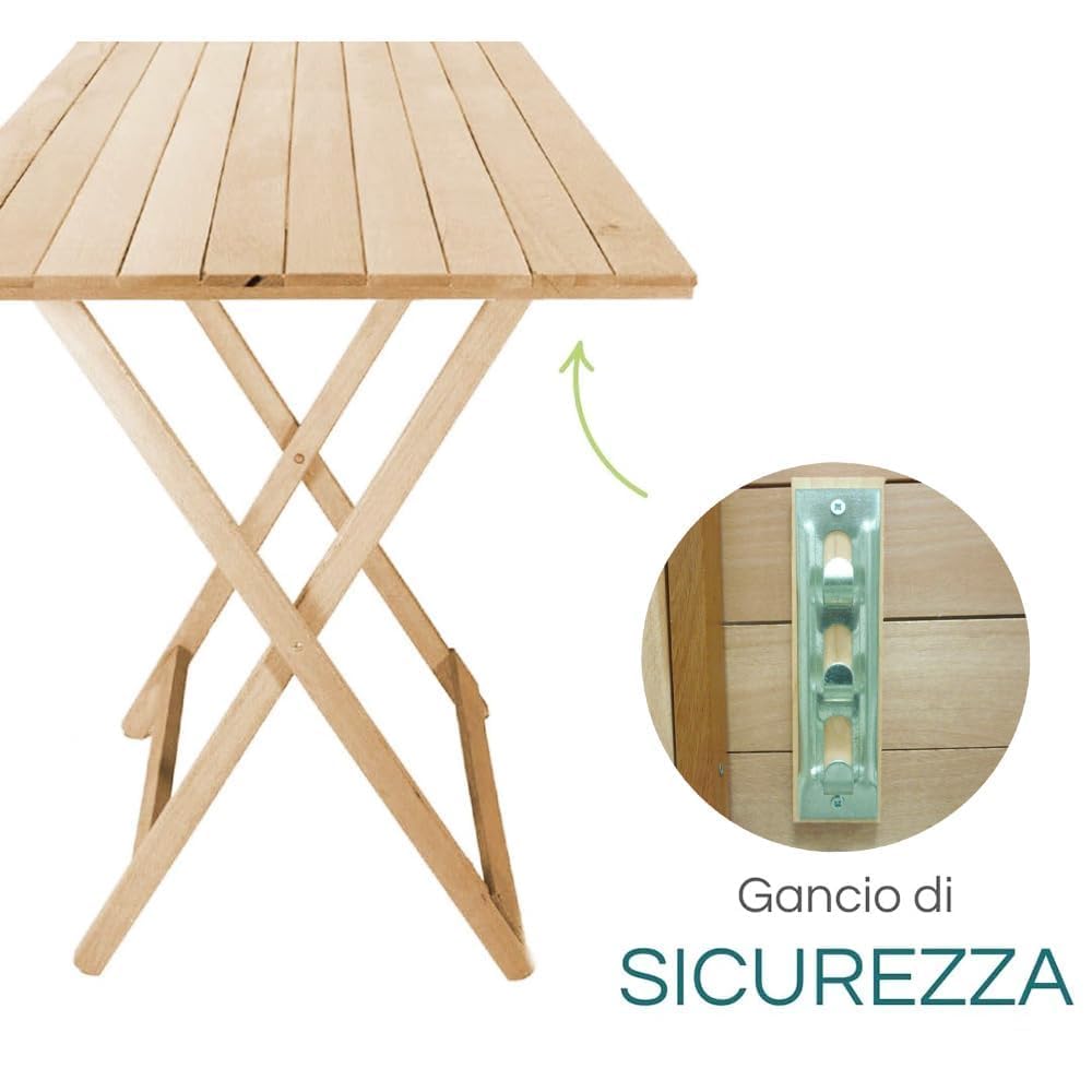 PALUPLUS Set Tavolo Pieghevole con 2 Sedie in Legno di Faggio color Naturale, Misura Tavolino 80x60x72 cm, Sedie Richiudibili con comoda seduta, Arredo per Terrazzo, Esterno -269C/696C-17