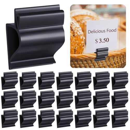 Teenyyou 50 Pcs Black Sign Clip Food Tray Label Holder Plastic Buffet Food Label Clip Reusable Price Tag Tray Sign Holder for Bake Sale Gathering Retail Merchandise Display, Card and Bowl Not Included