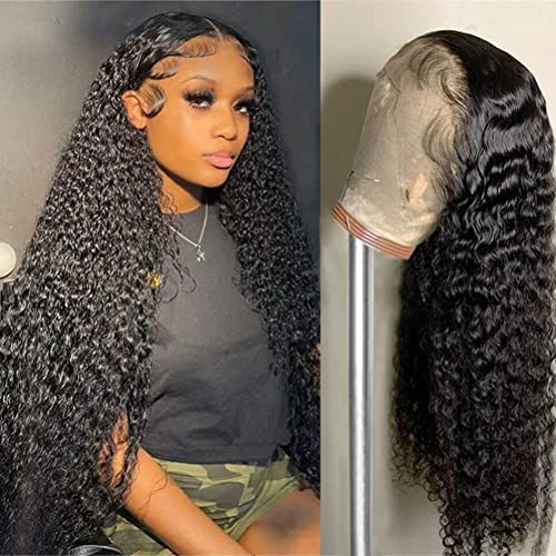 Image of tobasew Deep Wave Lace Front Wigs Human Hair 13x4 HD Transparent Lace Frontal Human Hair Wigs for Women Glueless Brazilian Virgin Hair Pre Plucked Natural Black Color 26inch