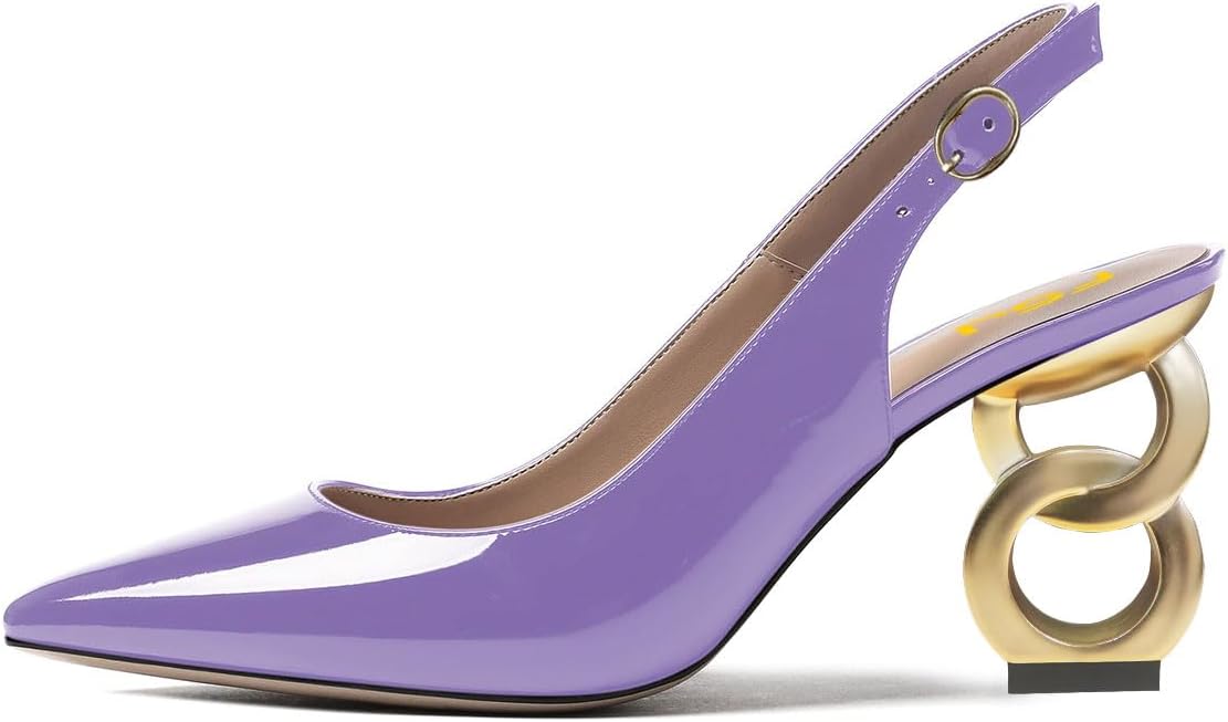 FSJ Women Trendy Metallic Gold Chain High Heel Slingback Pumps Pointed Toe Adjustable Buckle Office Lady Party Shoes Size 4-15 US