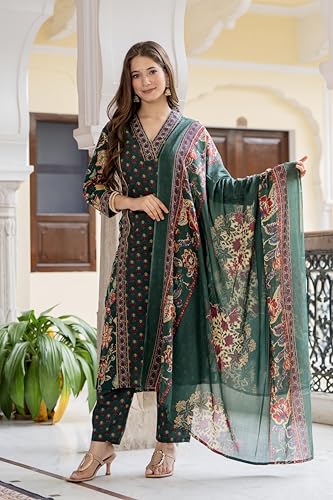Image of MEERA FAB Women's Cotton Blend Straight Printed Kurta with Palazzo & Dupatta