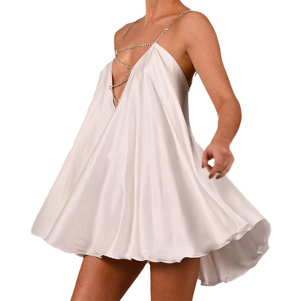 Sexy Kleid mit Kette aus Satin, niedriger Rücken, mit Kristall-Trägern und Hals, für Partys und Clubs., elfenbeinfarben, S
