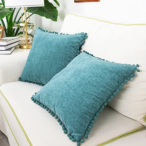 CaliTime Pillow Cases Pack of 2 Cozy Solid Dyed Soft Chenille Cushion Covers with Pom Poms for Couch Sofa Home Decoration 55cm x 55cm Teal - Image 4