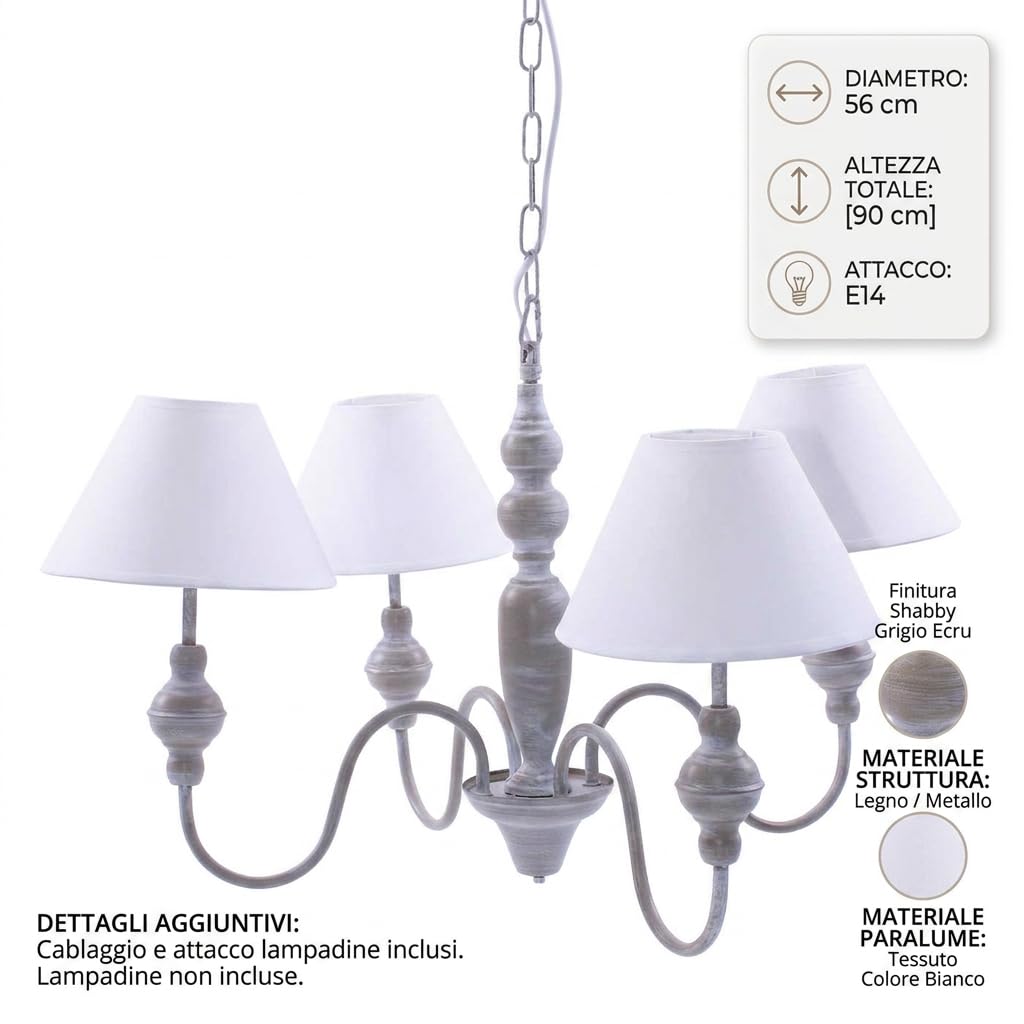 DiKasa Lampadario a Sospensione 4 Bracci in Metallo Grigio Stile Shabby Chic, Paralumi in Tessuto Bianco Smontabili, Attacco E14, Diametro 56 cm Altezza 95 cm