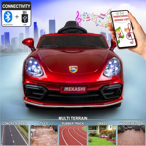 Image of MEKASHI Electric Ride-On Car for Kids 1-7 Years, 12V Battery, Remote Control, 5 Speed, LED Lights, Bluetooth, Metallic Red
