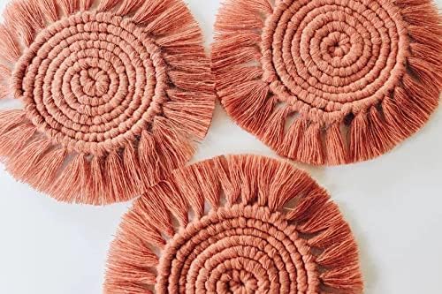 MTRXX Handmade Macrame Coasters Set of 4 – Round Cotton Drink Mats in Blush Pink, 4-Inch Boho Coasters for Tea, Coffee & Home Decor, Woven Table Accessories