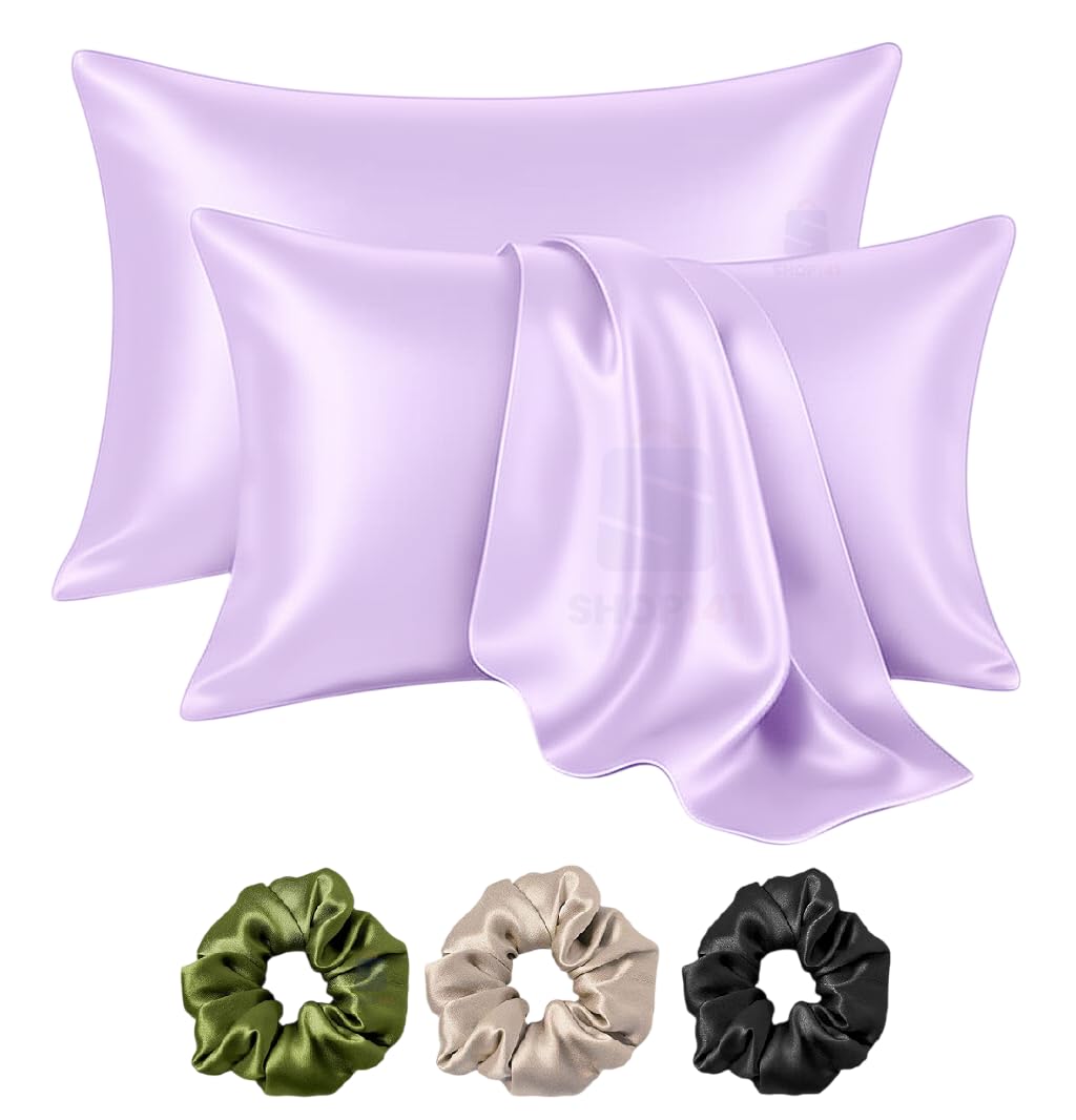 Shop141 Satin Silk Pillow Cover for Hair and Skin 2 Piece with 3 Piece Satin Silk Scrunchies Free Solid Pillow Covers with Envelope Closure (Lavender)