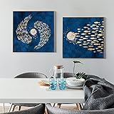 erjie quadri astratti luna pesce wall art poster blu stampe su tela pronto da appendere per la cucina home decor quadri moderni 40x40cmx2pcs cornice interna