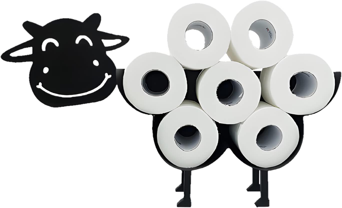 Cow Decorative Toilet Paper Holder Shelf, Cute Funny Tissue Iron Storage Stand Rack Iron Roll Paper Storage Bathroom Kitchen Accessories (Black-Cow)