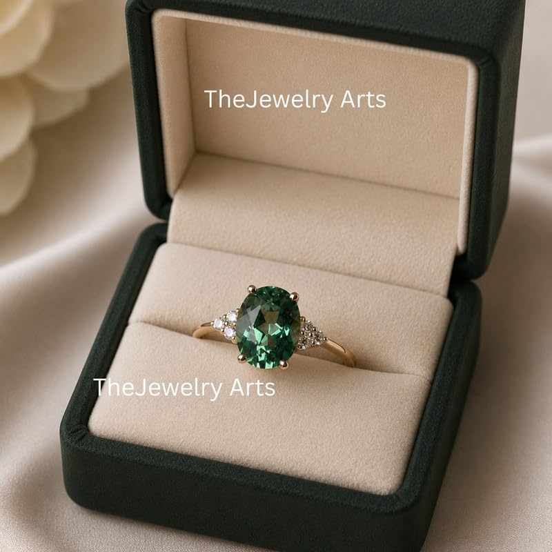 Green Sapphire Engagement Ring for Women, 2.32 Ct Oval Cut Sterling Silver Rhodium Plated Art Deco Promise Ring