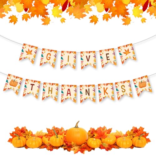 Give Thanks Banner - Happy Thanksgiving Decorations Banners Fall Maple Leaf Pumpkin Sign Garland Backdrop Banner for Thanksgiving Party Supplies Favors Indoor Outdoor Home Office Wall Door Decor