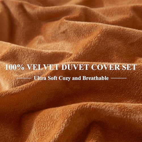 Ivellow Velvet Duvet Cover Queen Set Burnt Orange Queen Comforter Cover 3Pcs Ultra Soft Breathable Solid Luxury Flannel Velour Duvet Cover Zipper Closure Corner Tie