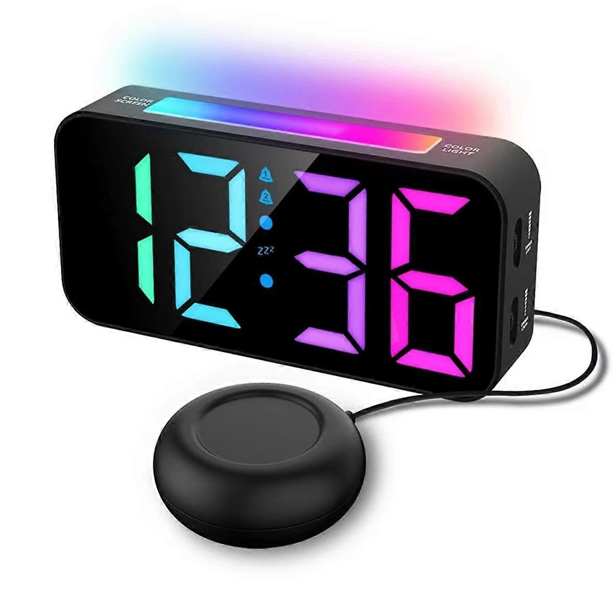 JOYHAPPST NEW Powerful VibrationS RGB Digital Alarm Clock with Mood Light Snooze 2 Alarms USB Powered Clock for Heavy Sleeper