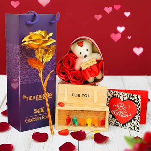 TIED RIBBONS Valentine Gift Artificial Golden Rose Flower with Te...