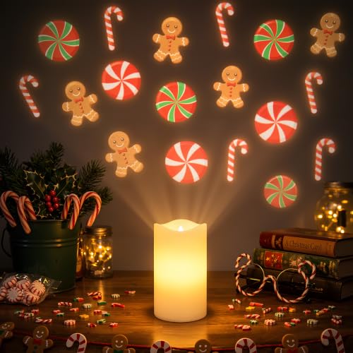 Image of Christmas Flameless Candles Projector Indoor Candy Projector Light Holiday LED Candle Battery Operated Night Light with Remote Timer Gingerbread Peppermint Party Gift Room Home Decor