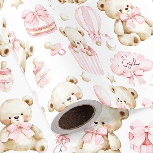 RUSPEPA Rouleau De Papier Cadeau « Ours » - Mini Rouleau - 43,2 Cm X 5 M Papier Cadeau 5 M - Motif Ours En Peluche Pour Bébé Fille, Idéal Pour Un...