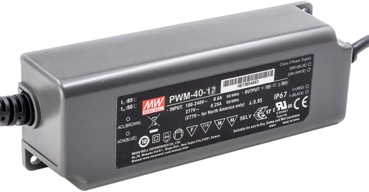 Mean Well PWM 40W 1.67A LED Driver PWM-40-24 AC-DC Constant Voltage PWM Output Switching Power Supply Converter Transformer with IP67 PFC 3 in 1 Dimming Plastic Case