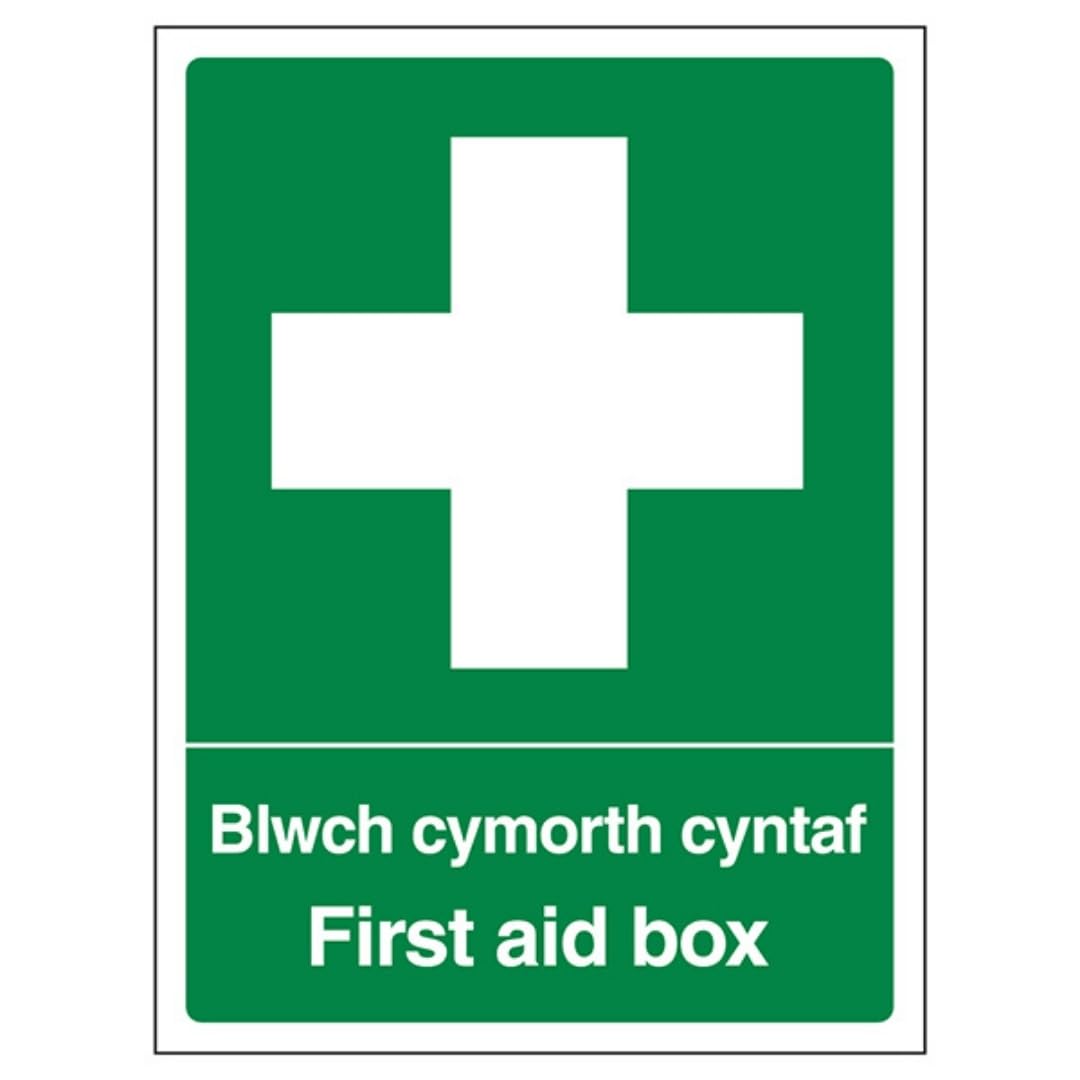 V Safety Welsh/English - First Aid Box - Portrait 150 x 200 mm - 2mm 100% Recycled Rigid Plastic Safety Sign