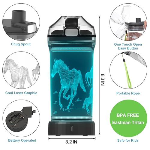 Kids Water Bottle, Horse-themed Light-Up Sport Cup with 3D Glowing LED Horse Light – 14 OZ Tritan BPA-Free - Camping, and Holidays (Horse) - Thumbnail 5