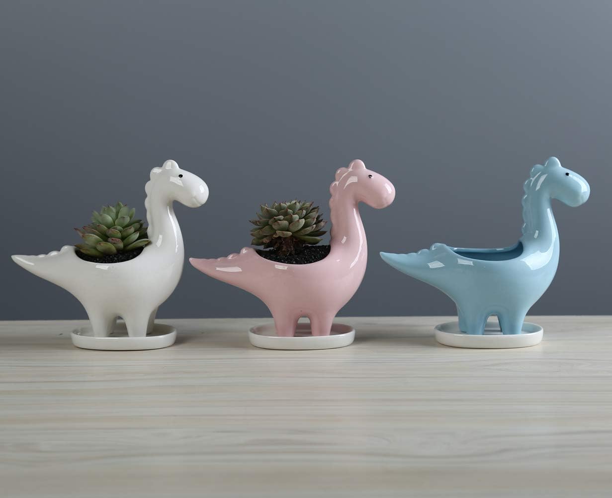 Miaowoof Dinosaur Shape Ceramic Succulent Planter Pot with Drainage Tray Multipurpose Bonsai Plant Vase Creative Cactus Flower Pot with Drain Hole - Home Office Garden Decoration