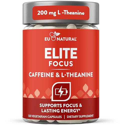 Eu Natural Elite Caffeine Pills with L-Theanine - 100mg Caffeine + 200mg L-Theanine - Jitter-Free Focused Energy & Clean Nootropic Stack - 120 Soft Capsules