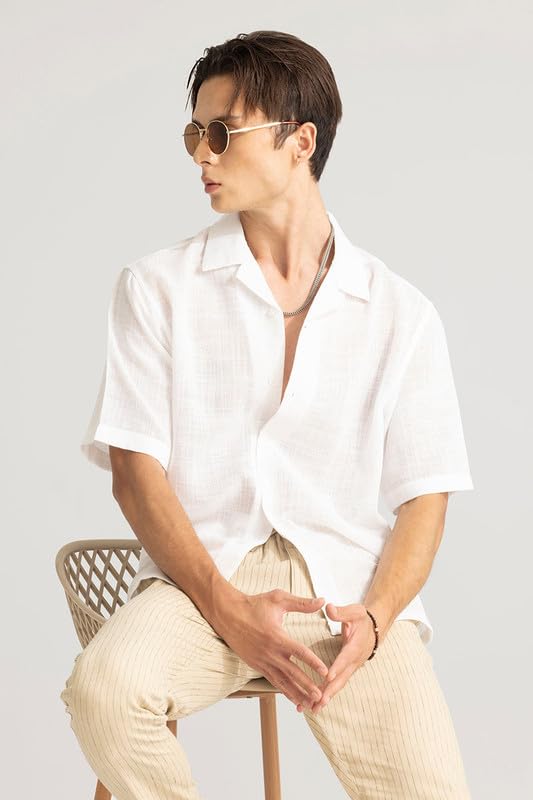 Image of SNITCH Roomy White Cuban Collar Solid Relaxed Fit Shirt
